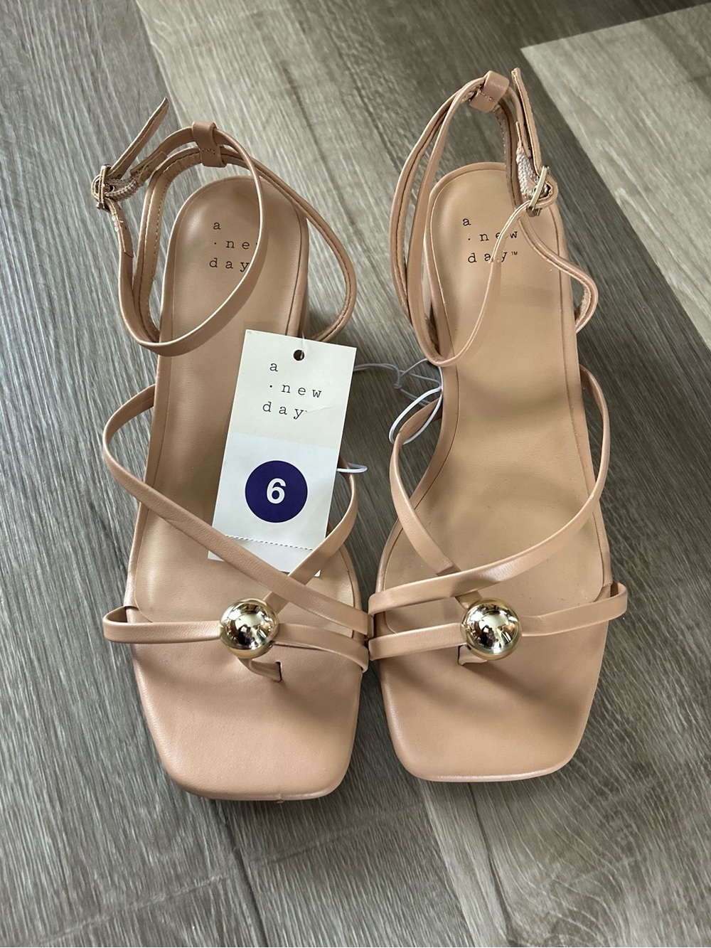 a new day Nude Strappy Ankle-Wrap Sandals with Gold Orb